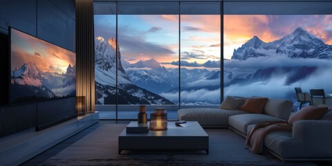 A modern living room with a built-in ethanol fireplace, a low-profile couch, and a large projector screen