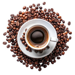 Cup of hot coffee with scattered beans top view on transparent background