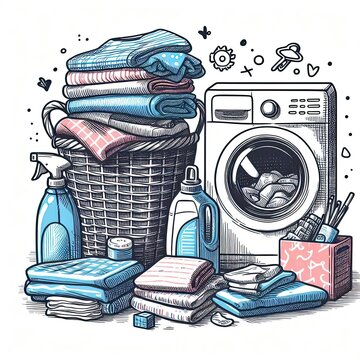 laundry day: basket, machine, clean clothes clip art preview