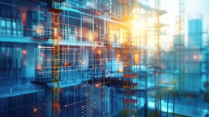 Project management technology interface with digital timelines, task assignments, and real-time updates on a construction project, modern and efficient