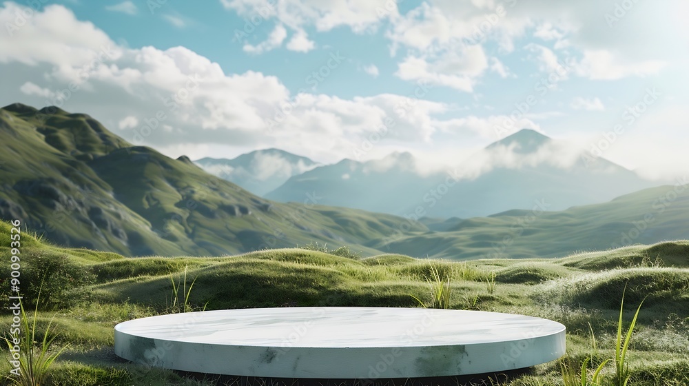 Poster abstract 3d render platform and mockup natural background stone podium on the grass field backdrop m