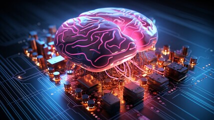 An abstract rendering of the brain with neon lines and circuits