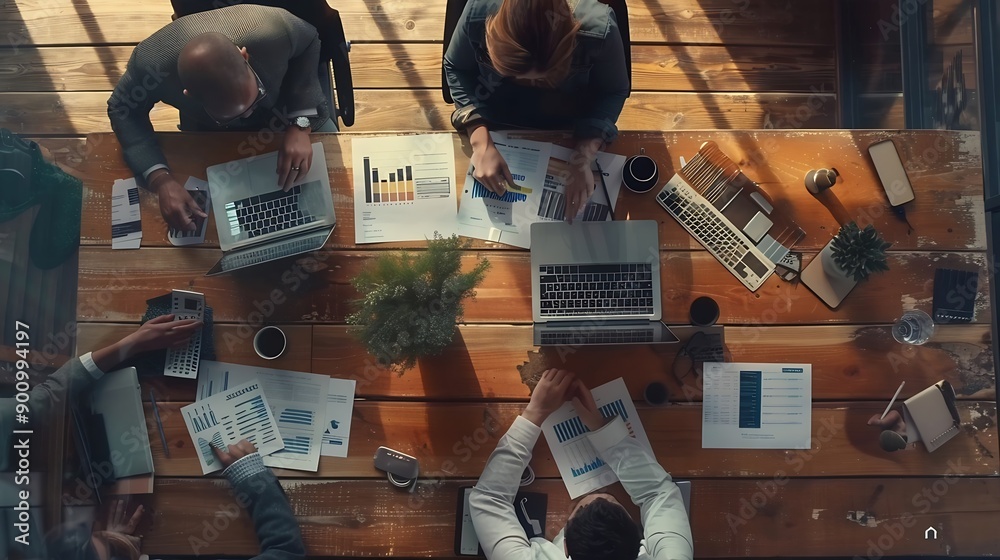 Poster Time lapse of diverse marketing team prepare for business meeting Top down aerial view of businesspeople placed laptop and tablet with financial statistic at table Creative business Di : Generative AI