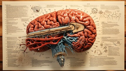 A photo of a human brain with labeled regions for educational purposes