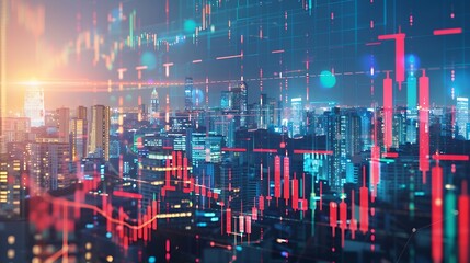 Image of financial data processing over cityscape Global business finances computing and data processing concept digitally generated image : Generative AI