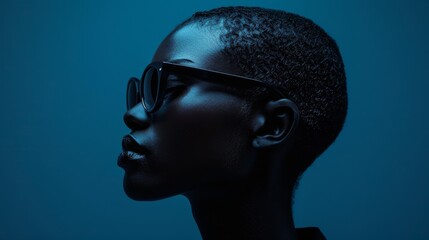 Profile of a Confident Individual of African Descent in Stylish Sunglasses, Against a Dark Blue Background, Showcasing Dramatic Lighting and Minimalistic Fashion Aesthetic