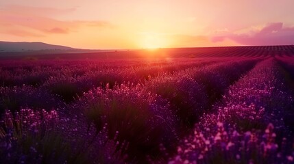 Fototapeta premium Picturesque colorful floral atmosphere Beautiful panoramic view French blooming scenic at sunset Sunset violet lavender flower field in Provence France Valensole Summer nature amazing : Generative AI