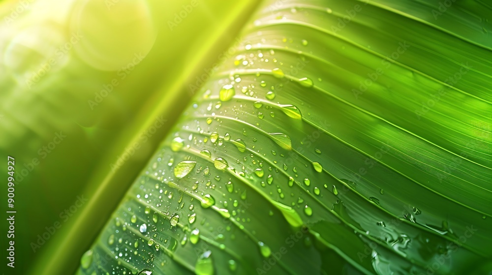 Poster closeup of green banana leaf background with details of a leafcovered in water droplets macro vibran