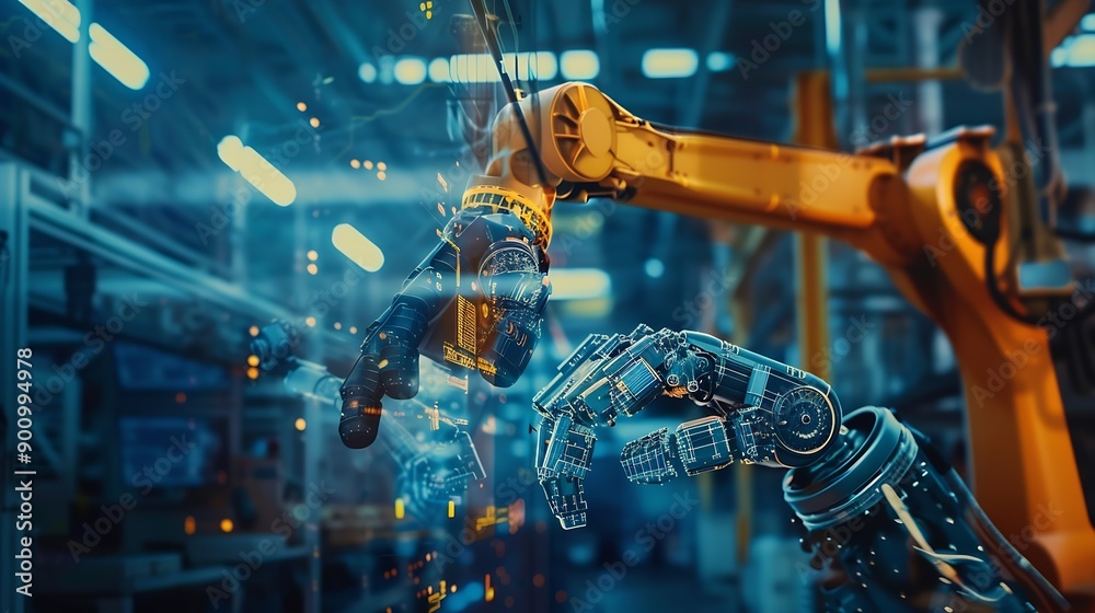 Fototapete mlb mechanized industry robot arm and factory worker double exposure concept of robotics technology 