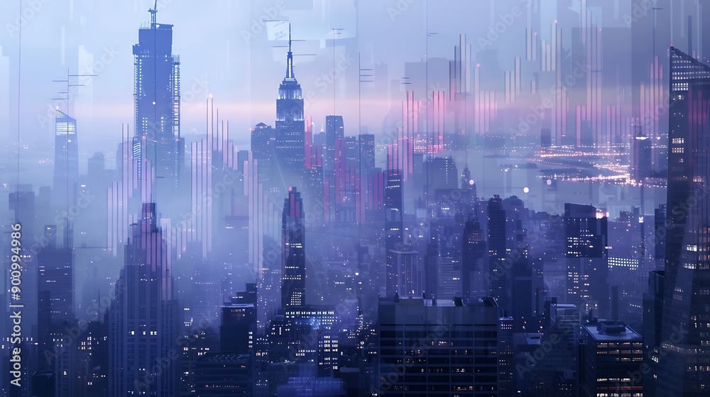 Poster double exposure of new york skyline and stock market charts representing a concept of urban finance 