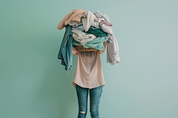 Fototapeta premium Woman in shock standing before pile of clothes on green wall holding head in hands, fashion stress concept