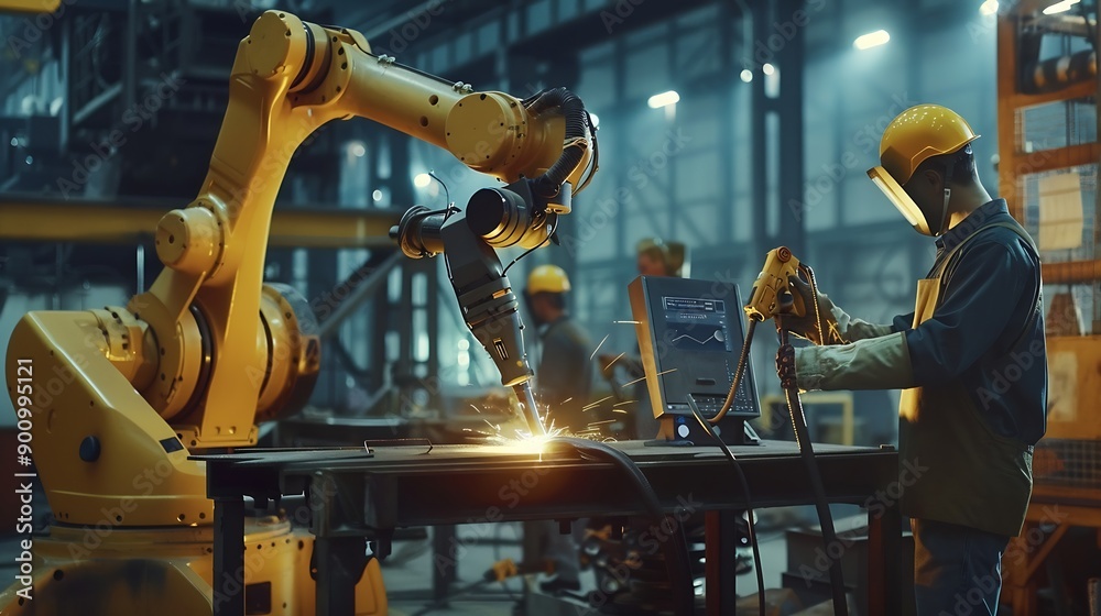 Aufkleber Engineers team mechanic using computer controller Robotic arm for welding steel in steel factory workshop Industry robot programming software for automated manufacturing technology : Generative AI