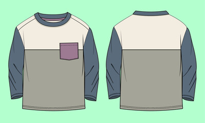 Toddler boys long sleeve crew neck colour block t-shirt flat sketch outline vector fashion illustration template.