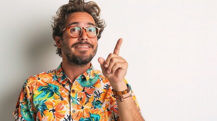 Teacher man writing on an invisible board, white background, wearing a bright-colored shirt