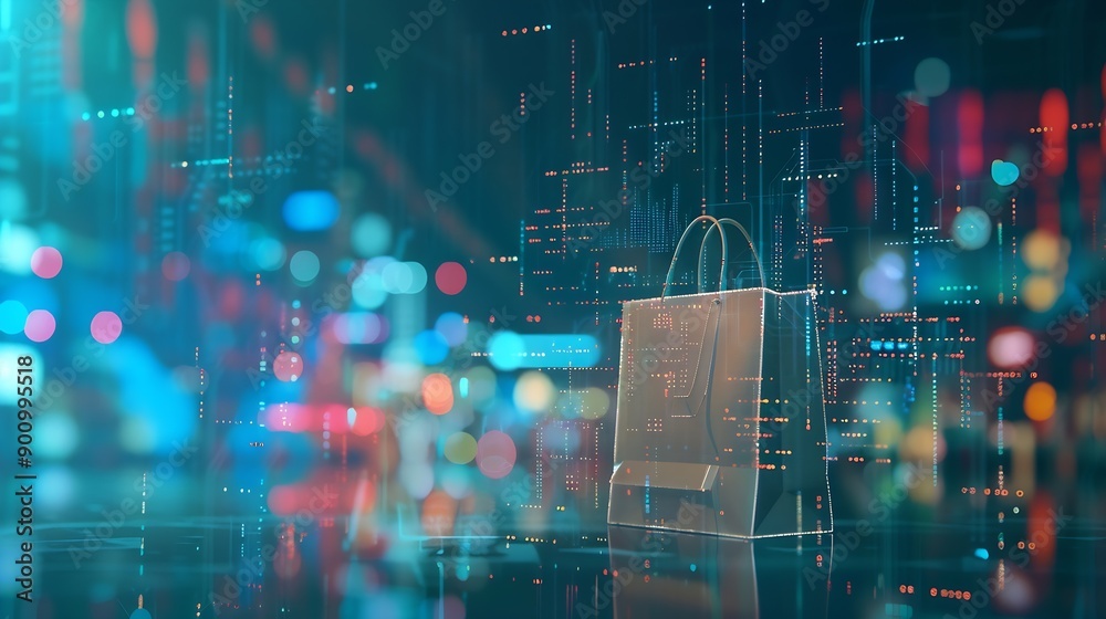 Poster Image of financial data processing over shopping bag Global shopping business finance computing and data processing concept digitally generated image : Generative AI