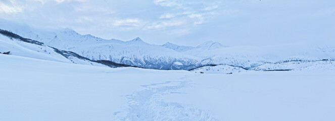 Path through deep snow with mountains in the background on a winter day near Castner Cave in Alaska.