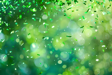 Festive green bokeh confetti floating down on a lively green background