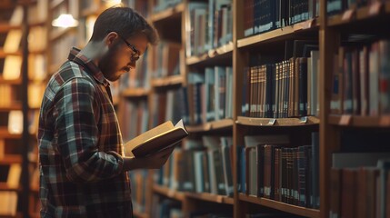 Bible university or student in a library to research spiritual religion knowledge prayer or Christianity by bookshelf Nerd school focused young man in college studying or learning fait : Generative AI