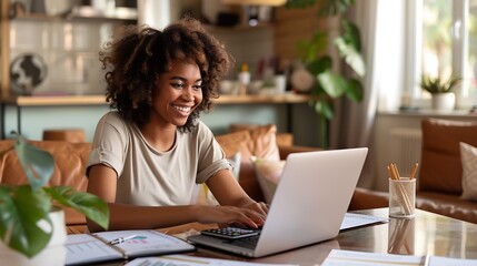 Smiling woman managing finances at home using laptop calculator and documents in cozy living room Concept of home budgeting financial planning and remote work : Generative AI