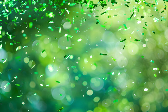 Festive green bokeh confetti floating down on a lively green background