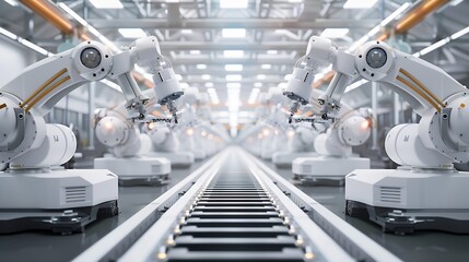 Industrial Robot Arms Assemble LithiumIon EV Battery Pack Row of White Robotic Arms at Automated Production Line at Bright Modern Factory Electric Car Manufacturing Inside Automotive S : Generative AI