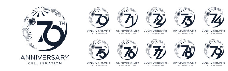 set of 70 to 79th anniversary logotype design, with black color fireworks for celebration event, wedding, and birthday, vector illustration