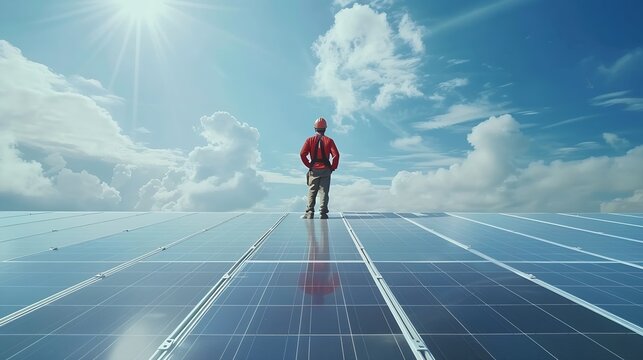 Professional Engineer Service Solar Panel Worker Maintenance Cleaning Replacing Solar Panel Solar photovoltaic panel system in Industry roof Saving Energy with Clean Power : Generative AI