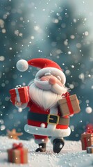 cute 3d santa claus cartoon character holding box, with snow and tree, for wallwaper or greeting