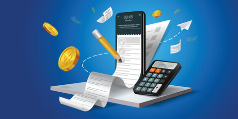 Bill of expenses is on mobile phone.Pay bills with mobile phone.Online shopping spending.Online shopping via smartphone.Bill payment flat isometric vector concept of mobile payment, shopping, banking.