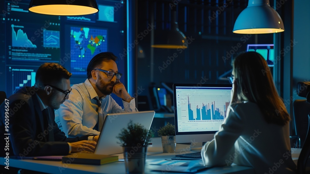 Poster team laptop and business people in office at night with stock market charts for corporate investment