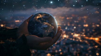 Planet Earth in the hands of a man against the background of the lights of the evening city Concept and symbol on the theme of ecology earth conservation Elements of this image furnish : Generative AI