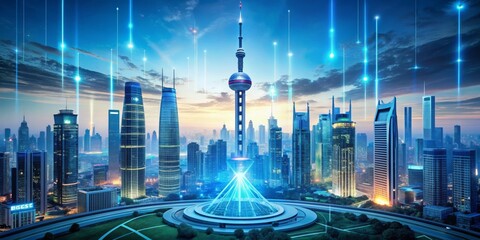 A cityscape with a tall tower in the middle and a blue sky