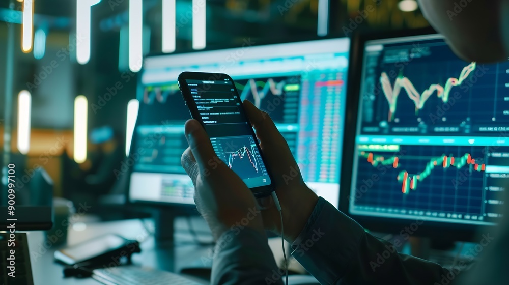 Leinwandbilder Focusing on phone with discussing dynamic stock market in two business traders online website compare with pc screens in real time currency rate investment on risk data at modern offic : Generative AI