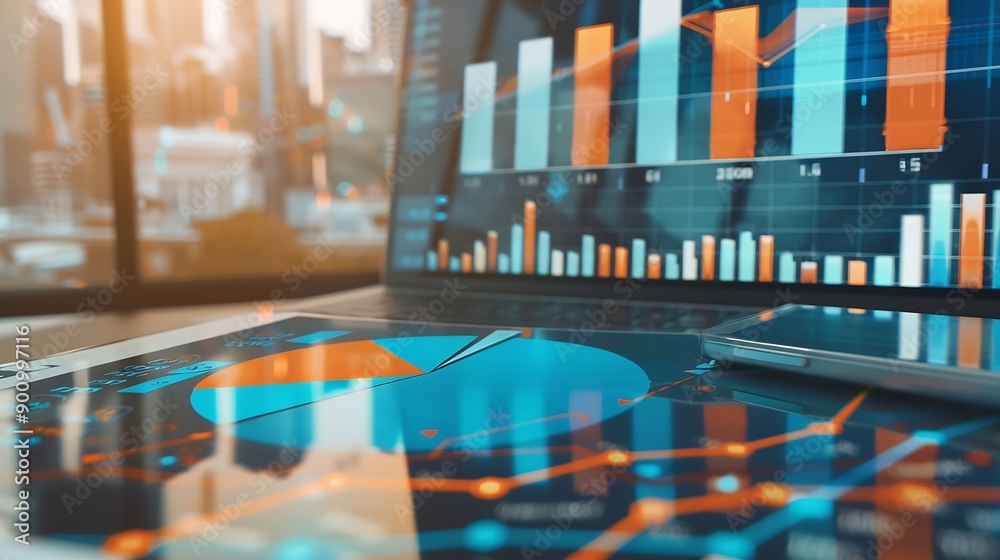 Aufkleber chart graph finance stock analysis financial digital growth investment investor measuring level bar via indicator and pie chart virtual risky business risk management control and strat : Generative AI
