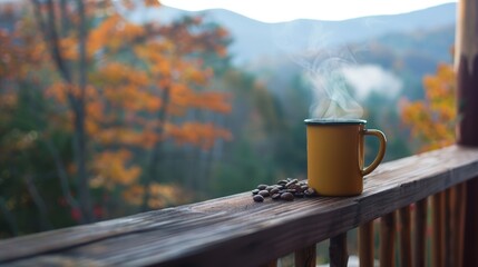 Steaming cup of coffee on cabin porch