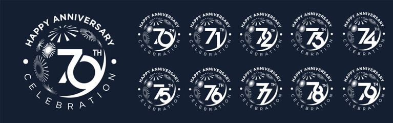 set of 70 to 79th anniversary logotype design, with white color fireworks for celebration event, wedding, and birthday, vector illustration