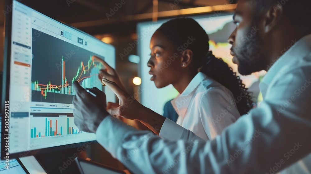 Aufkleber Colleagues in corporate setting analyze market data while examining a digital stock chart displayed on a monitor Concept of business entrepreneurship trade market economics finances : Generative AI