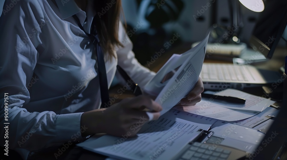Leinwandbilder documents business woman and accountant reading report for information financial data or analysis pa