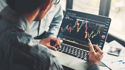 Financial advisor explaining invest stock market data consulting investor Two busy business men analysts doing finance trading analysis pointing at exchange chart on laptop screen work : Generative AI