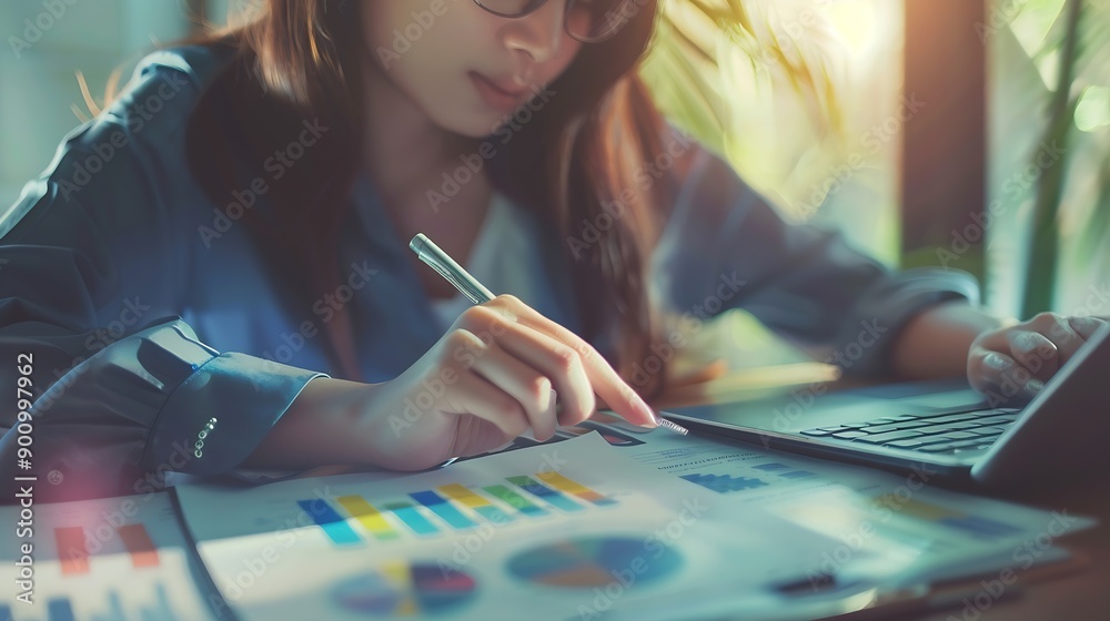 Poster Finance banking and investment Asset allocation budget management Business woman calculating financial report cost control and budgeting with business data graph growth chart Tax and b : Generative AI