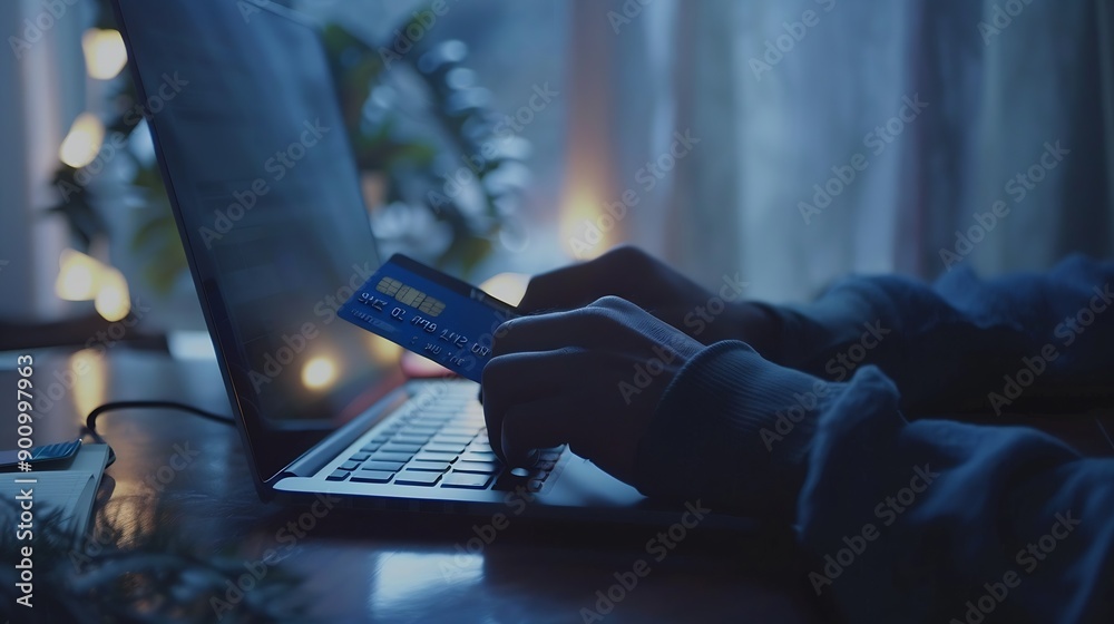 Poster a man is holding a credit card in front of a laptop concept of financial responsibility and the impo