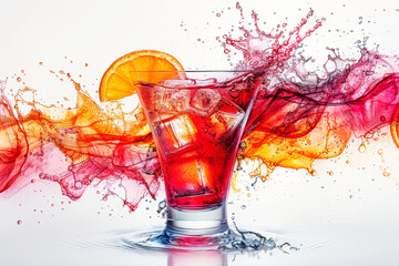 Cocktail with liquid splash on white background. Party time. Nightlife concept