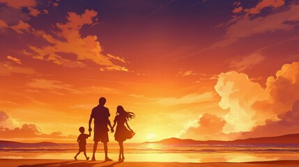 Fototapeta premium 海水浴場にいる家族のシルエット10