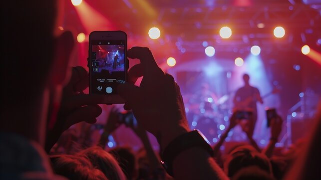 Backlit stage with vibrant lights at outdoor music festival Fans record live performance on smartphones Excitement in air band plays hit songs Summer night event audience enjoys concer : Generative AI