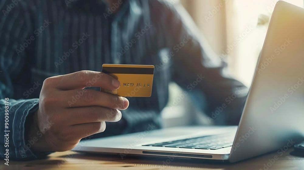 Poster a man is holding a credit card in front of a laptop concept of financial responsibility and the impo