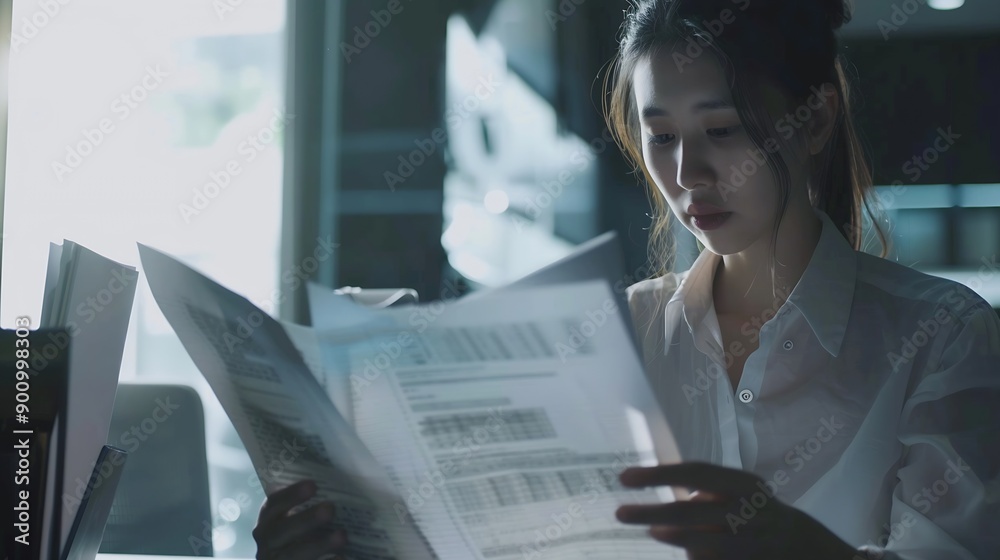 Poster Documents Business woman and accountant reading report for information financial data or analysis Paperwork auditor check review and bookkeeping Calculate finance and tax in office : Generative AI
