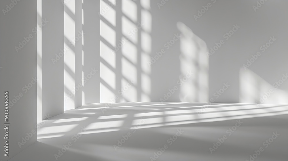 Poster Minimal abstract light gray background for product presentation Soft shadow and light from windows on white wall : Generative AI