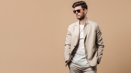 Fototapeta premium Fashionable man in beige jacket on shoulder shirt pants and sunglasses on beige background banner : Generative AI