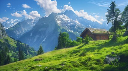 mountain landscape hut nature sky alps mountain hut house forest summer mountain range milk wagon karwendel panorama blue grass meadow bavaria alpine view mountain landscape summit : Generative AI