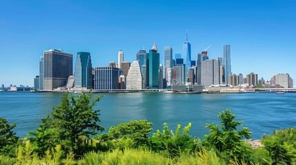Obraz premium Lower Manhattan Skyline view from Outlook Hill on Governors Island New York City : Generative AI